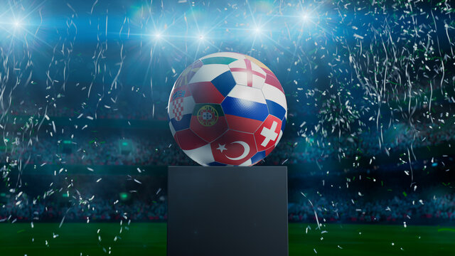 National Flag themed Football on a plinth against a Stadium Background. 