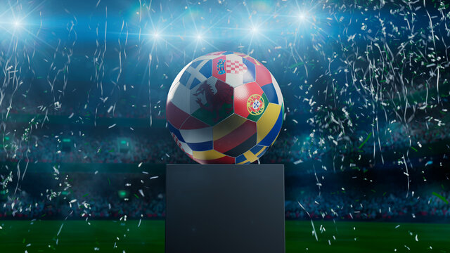 National Flag themed Football on a plinth against a Stadium Background. 