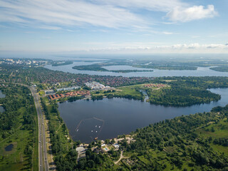 Dnieper River on the outskirts of Kiev. Aerial drone view.
