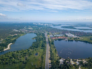 Dnieper River on the outskirts of Kiev. Aerial drone view.