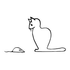 Doodle cat and mouse on a white background.Vector animals can be used in postcards,textiles, and coloring pages