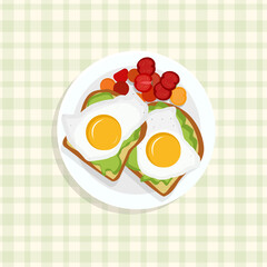 Breakfast concept. Appetizing delicious breakfast of  fried egg with avocado, and tomato. Vector illustration flat design. Isolated on background checkered tablecloth