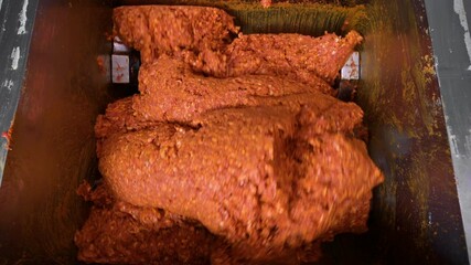 Meat chopper machine, mixing meat and spices for making sausages in a food factory. High quality 4k footage