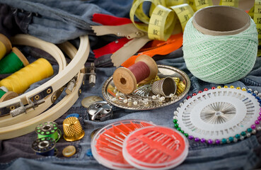 Threads, needles and sewing items.
