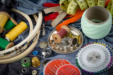 Threads, needles and sewing items.