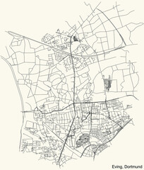 Black simple detailed street roads map on vintage beige background of the quarter Stadtbezirk Eving district of Dortmund, Germany