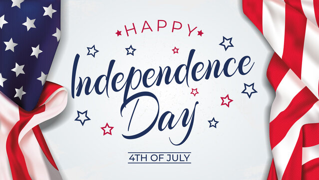 4th of July greeting card with United States national flag colors and hand lettering text Happy Independence Day. Vector illustration.