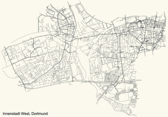 Fototapeta na wymiar Black simple detailed street roads map on vintage beige background of the quarter Stadtbezirk Innenstadt-West district of Dortmund, Germany
