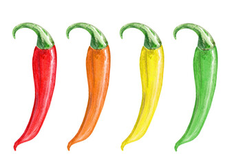 Watercolor multicolor chili peppers set isolated on white background