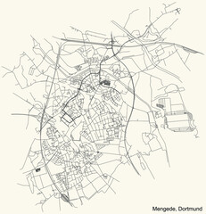 Obraz premium Black simple detailed street roads map on vintage beige background of the quarter Stadtbezirk Mengede district of Dortmund, Germany