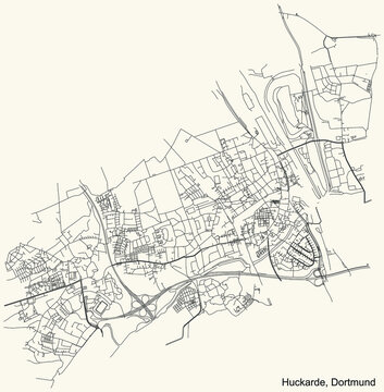 Black simple detailed street roads map on vintage beige background of the quarter Stadtbezirk Huckarde district of Dortmund, Germany