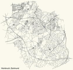 Black simple detailed street roads map on vintage beige background of the quarter Stadtbezirk Hombruch district of Dortmund, Germany