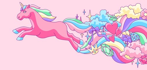 Background or card with unicorn and fantasy items.
