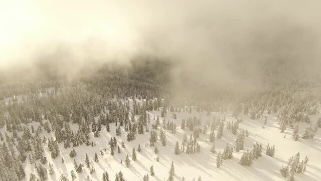 Aerial View of Canadian Nature Landscape on top of snow covered mountain and green trees during spring evening. Elfin Lake in Squamish, North of Vancouver, BC, Canada.