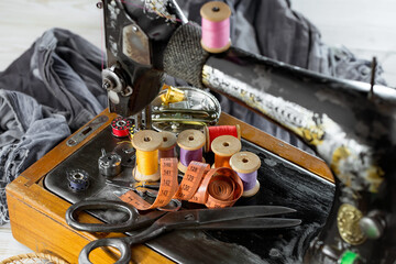 Sewing machine with sewing thread.