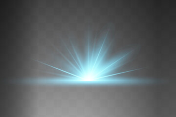 Blue glowing light explodes on a transparent background. Sparkling magical dust particles. Bright Star. Transparent shining sun, bright flash. Vector sparkles. To center a bright flash