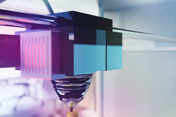 Closeup of a 3D printer printing a hand with a raised thumb. Tinted 3D render on the development of new technologies. Research and development.