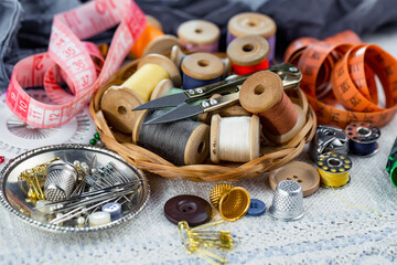 Threads, needles and sewing items.