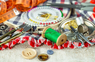 Threads, needles and sewing items.