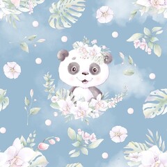 Seamless pattern. Cute cartoon panda with flowers and balloons