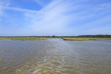 Boating on Prerow Stream in Prerow on Peninsula Fischland-Darss-Zingst, mecklenburg western pomerania, baltic sea - Germany
