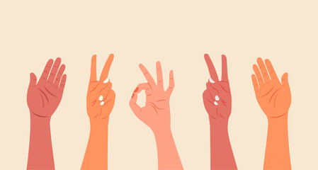 Obraz premium banner of arms of different ethnicities and colors making positive gestures. equity concept for all.