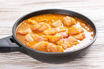 Meat and curry sauce in a pan. Chicken kadhai. Indian chicken curry. Cooking step by step