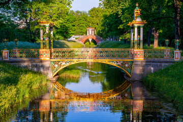 Cross bridge and Chinese bridges in Alexander park in summer, Pushkin (Tsarskoe Selo), Saint...