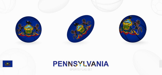 Sports icons for football, rugby and basketball with the flag of Pennsylvania.
