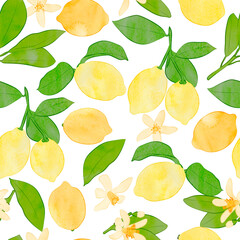 Seamless background with lemon, leaves and flowers. Watercolor. Fruit