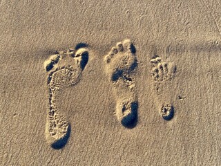 Stopy odbite w piasku nad morzem