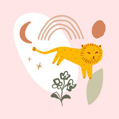 Cute nursery lion. Childish african animal pre-made square poster, brochure, greeting card, cover or invitation.