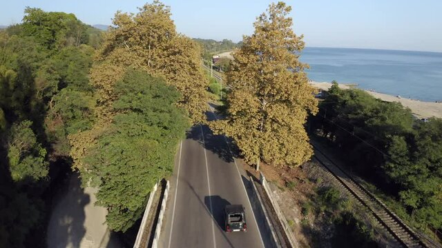 Black suv automobile drives along grey asphalt coastal road between green forest and endless blue sea on sunny summer day aerial follow view