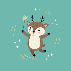 Cute deer holding a magic wand. Cartoon vector illustration. Can be used for t-shirt print, kids wear fashion design, baby shower invitation card, nursery, kids room poster, wall art. Isolated on