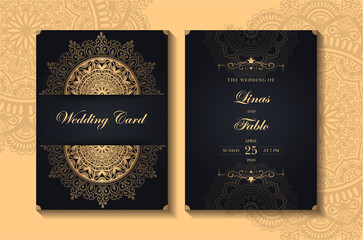 Black gold wedding invitation poster Template , Luxury Wedding card design with mandala, invitations  Card with mandala pattern. Vector vintage hand-drawn