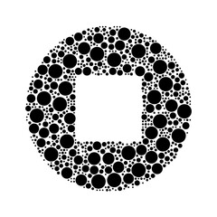 A large stop media symbol in the center made in pointillism style. The center symbol is filled with black circles of various sizes. Vector illustration on white background