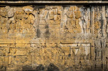 Bas-relief statue at Borobudur, a 9th-century Mahayana Buddhist temple in Central Java