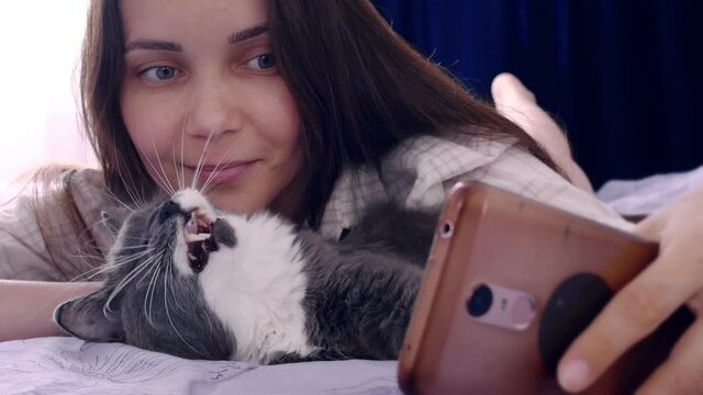 A young woman lies with her gray cat on the bed, looks at the smartphone screen. At that moment, the cat woke up and yawned. The woman kissed him sweetly several times.