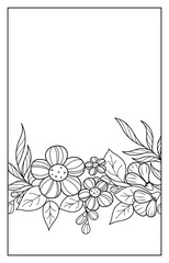 Horizontal floral border. Composition of black and white contour flowers, leaves and twigs, vector stylized abstraction. Suitable for coloring pages for adults and children, postcards, or other.