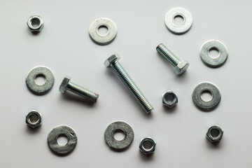 Bolts, nuts and washers, flat lay, top view