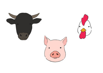 牛と豚と鶏の顔のイラスト-手描き