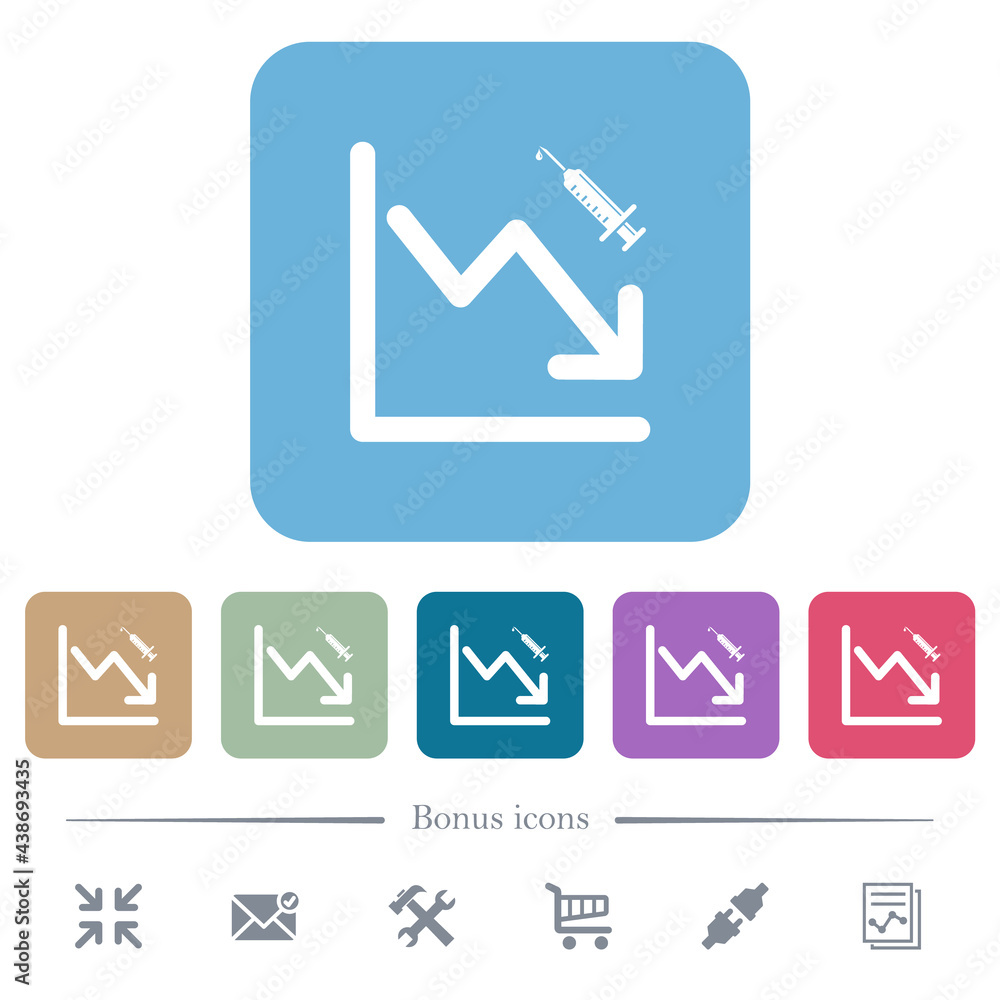 Poster falling vaccination graph flat icons on color rounded square backgrounds