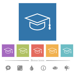 Graduation cap flat white icons in square backgrounds
