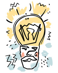 Hand drawing abstract line man with lightbulb instead of head.