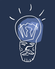 Hand drawing abstract line man with lightbulb instead of head.