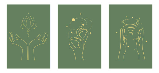 Stylized set of elegant female hands. Mystic abstract symbols for social media stories highlights and posts, for cosmetics and packaging. Vector set of magic female hands in simple linear style.