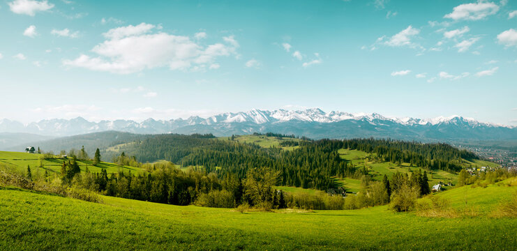 Panorama of snow-capped Tatry Mountains on Podhale in Poland