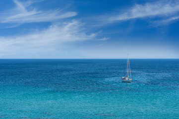 Plakat Beach with Sailboat in Sea, Cesme - Turkey