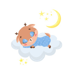 Vector illustration of a cute cartoon deer sleeping on a cloud. Baby animals are sleeping.