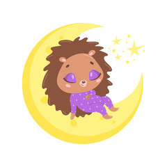 Vector illustration of a cute cartoon hedgehog sleeping on the moon. Baby animals are sleeping.